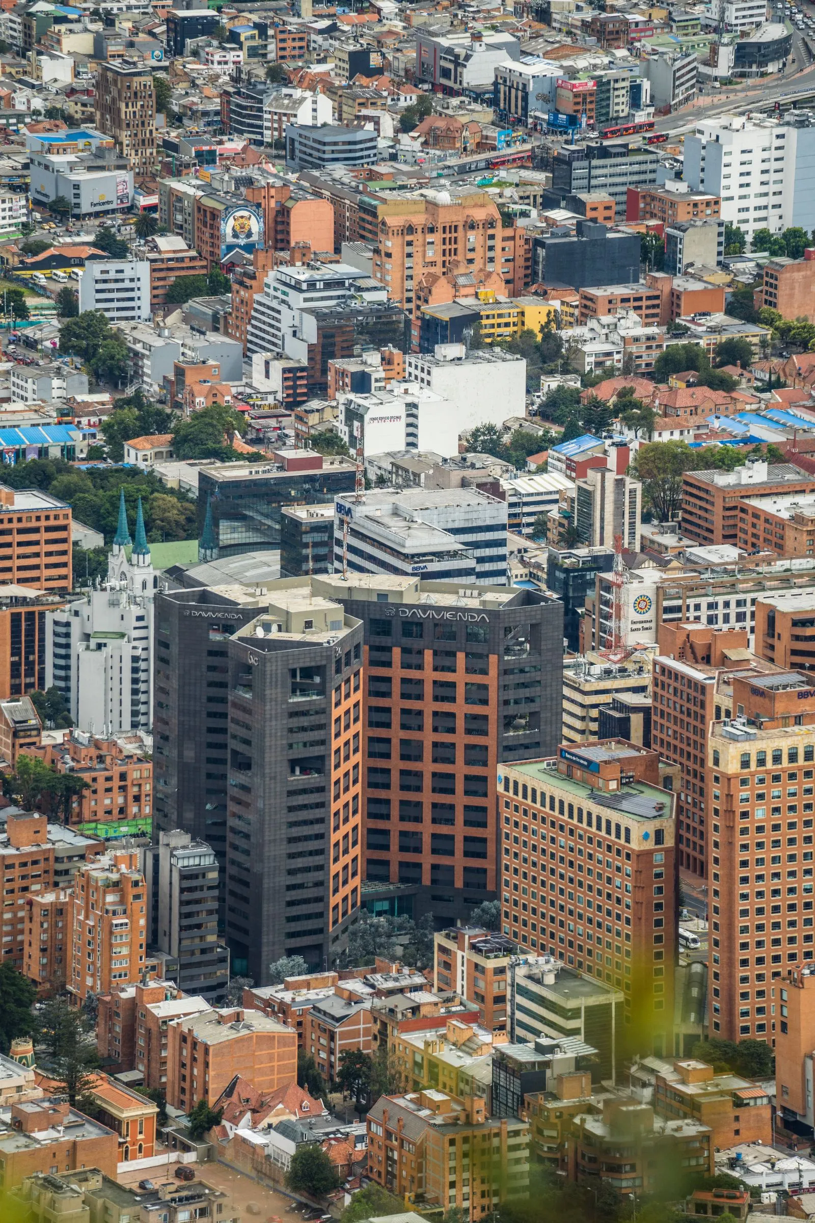 Aerial view of city towers.