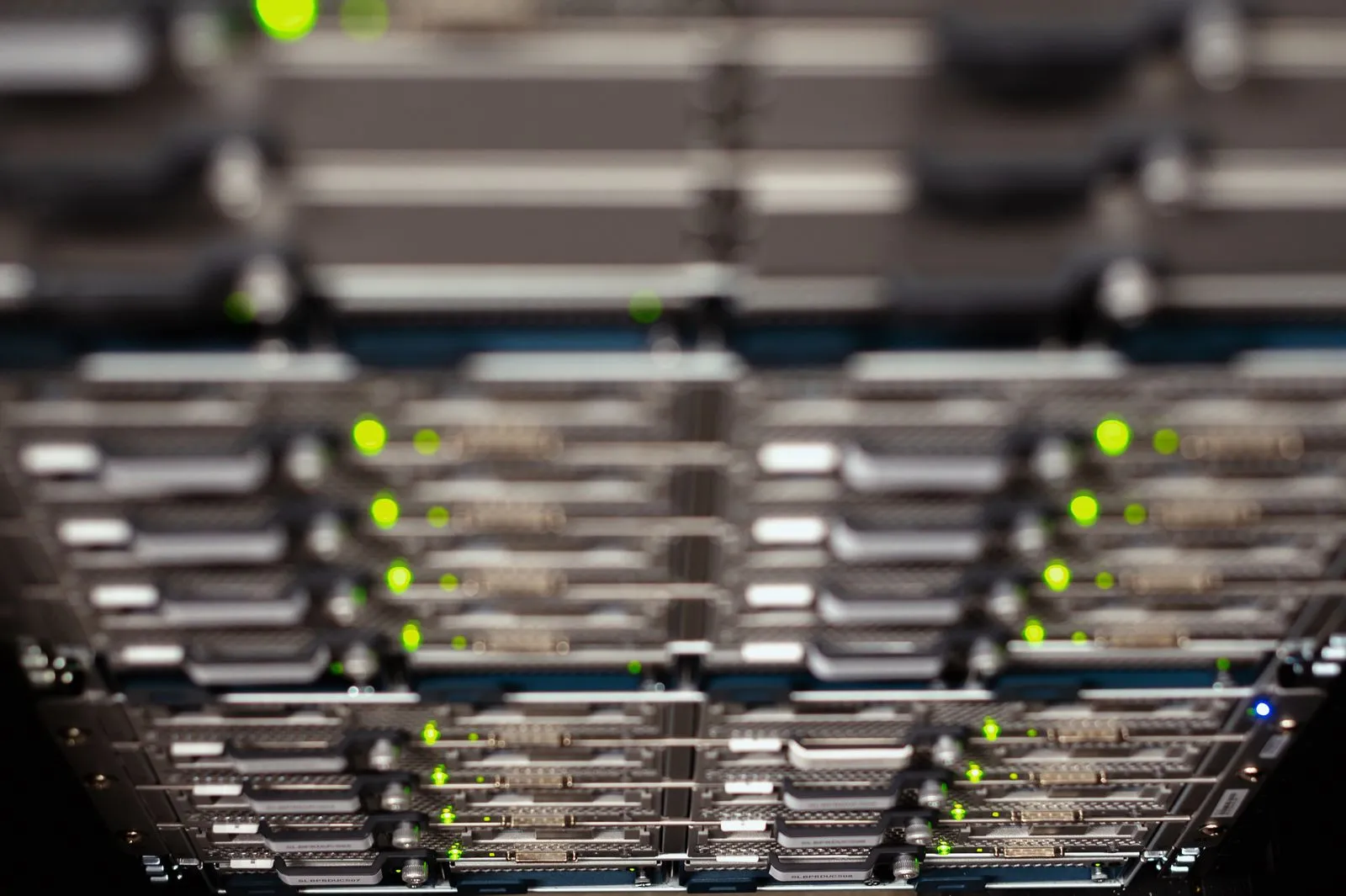 Close-up of server hardware with status lights.
