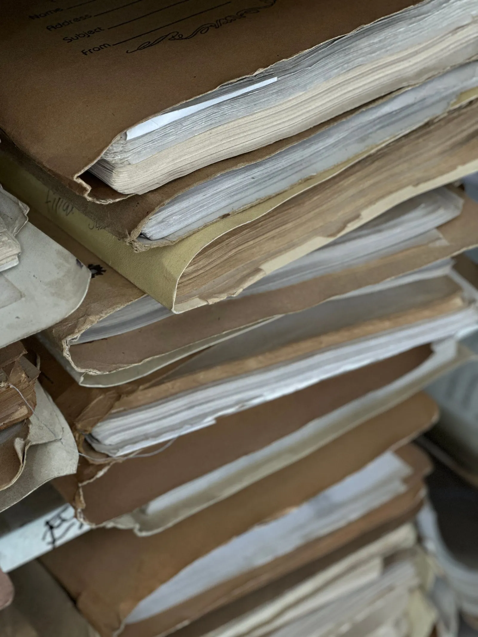 Stacked archive files and public records.