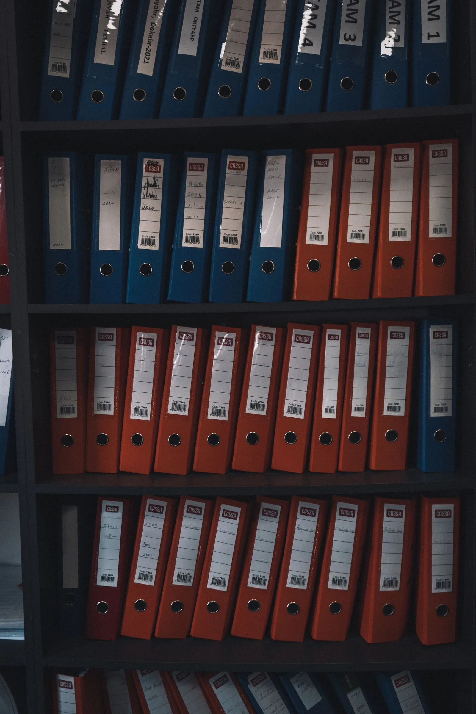 Rows of labeled files on archive shelves.